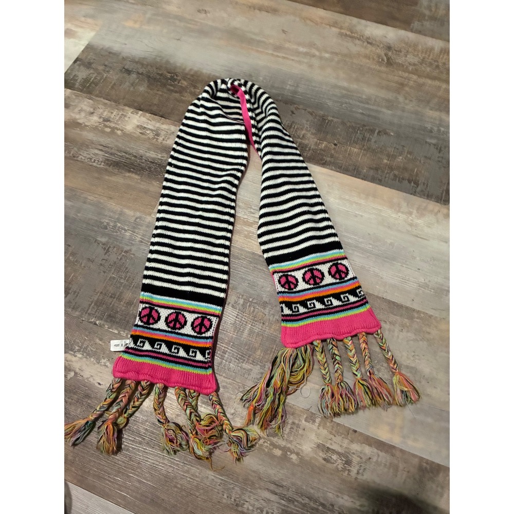 The Childrens Place Girls Scarf Pink Black White Stripe Peace Sign Fleece Fringe